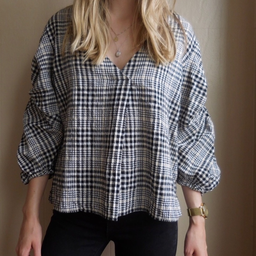 Zara Gingham Plaid V-neck Blouse Top